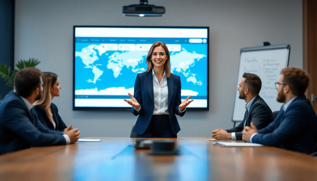 A professional travel agent is presenting various travel options to corporate clients in a sleek conference room, showcasing personalized itineraries and travel arrangements. The agent, dressed in business attire, uses a laptop and brochures to discuss the benefits of working with travel agencies for corporate travel needs.