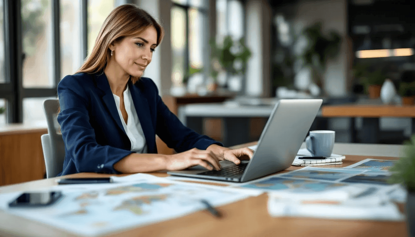 A professional woman is seated at a desk, intently researching travel industry information on her laptop, surrounded by colorful travel brochures and detailed maps. This scene captures the essence of becoming a travel agent, showcasing the tools and resources essential for successful travel advisors in planning trips and attracting clients.
