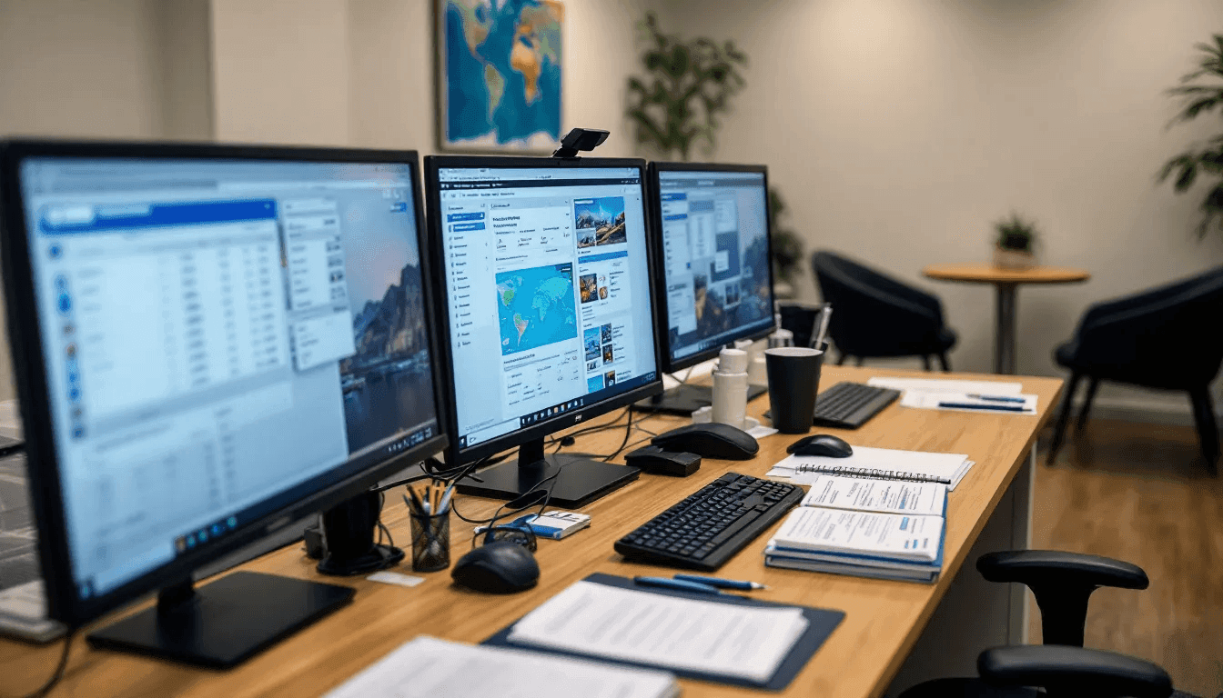 The image depicts a travel agent workspace featuring multiple computer screens displaying booking systems alongside travel guides, and a designated client consultation area. This modern travel agency environment highlights the tools and resources essential for successful travel agents to plan trips and attract clients within the travel industry.