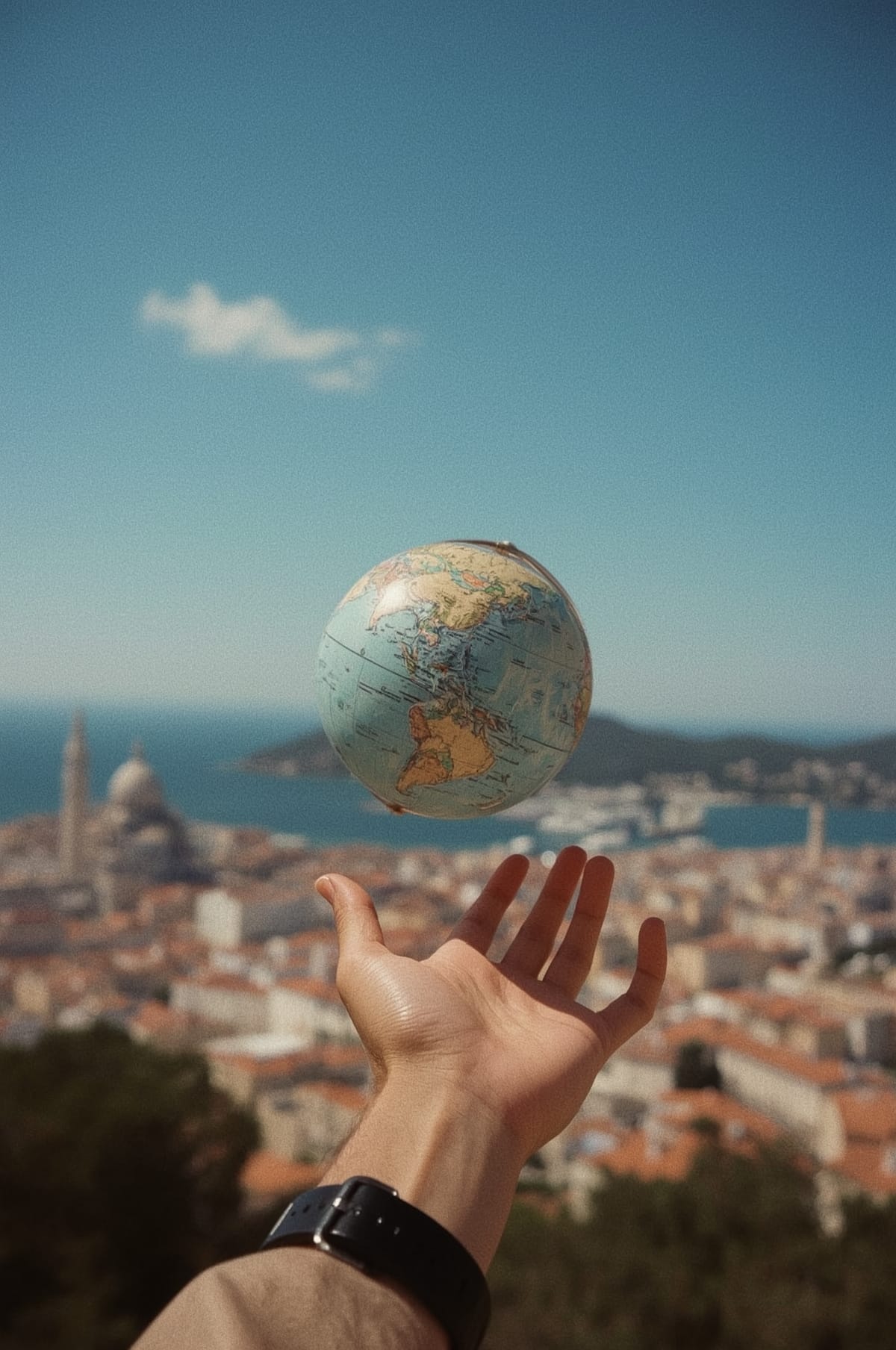 Hand holding floating globe over city