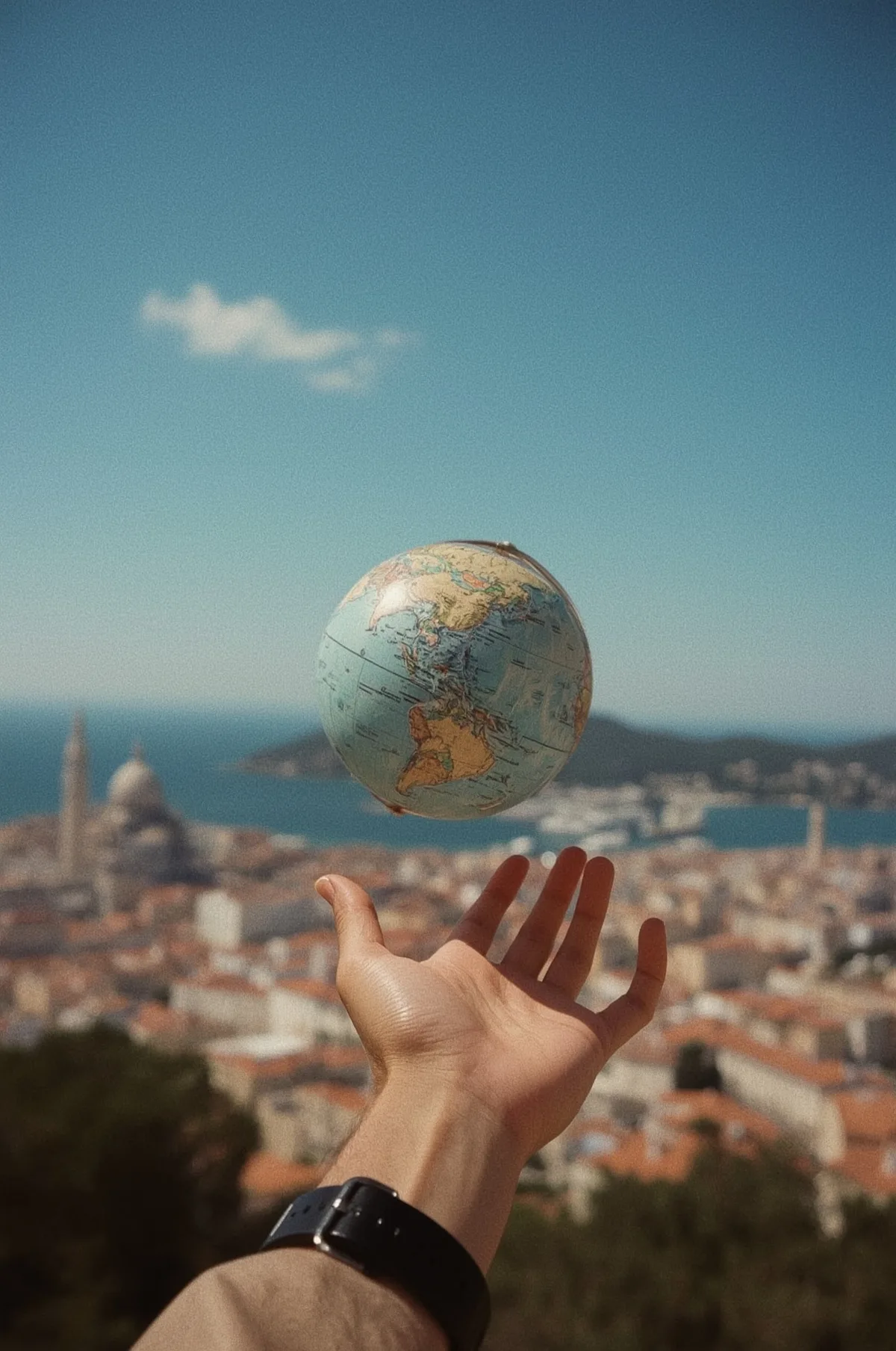 Hand holding floating globe over city