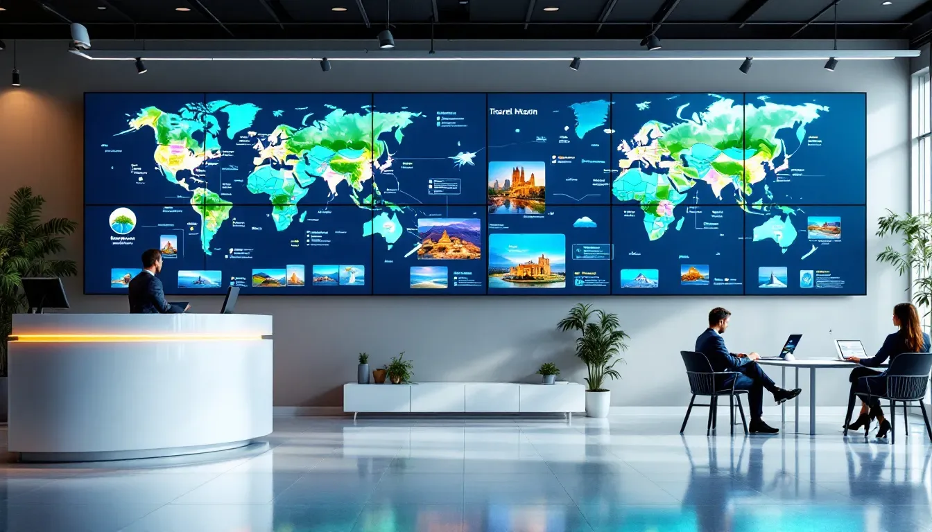 The image depicts a modern travel agency office featuring large monitors that showcase vibrant world maps and various travel destinations. This space highlights the role of travel agents in the industry, offering expert guidance and personalized service for clients planning their trips.