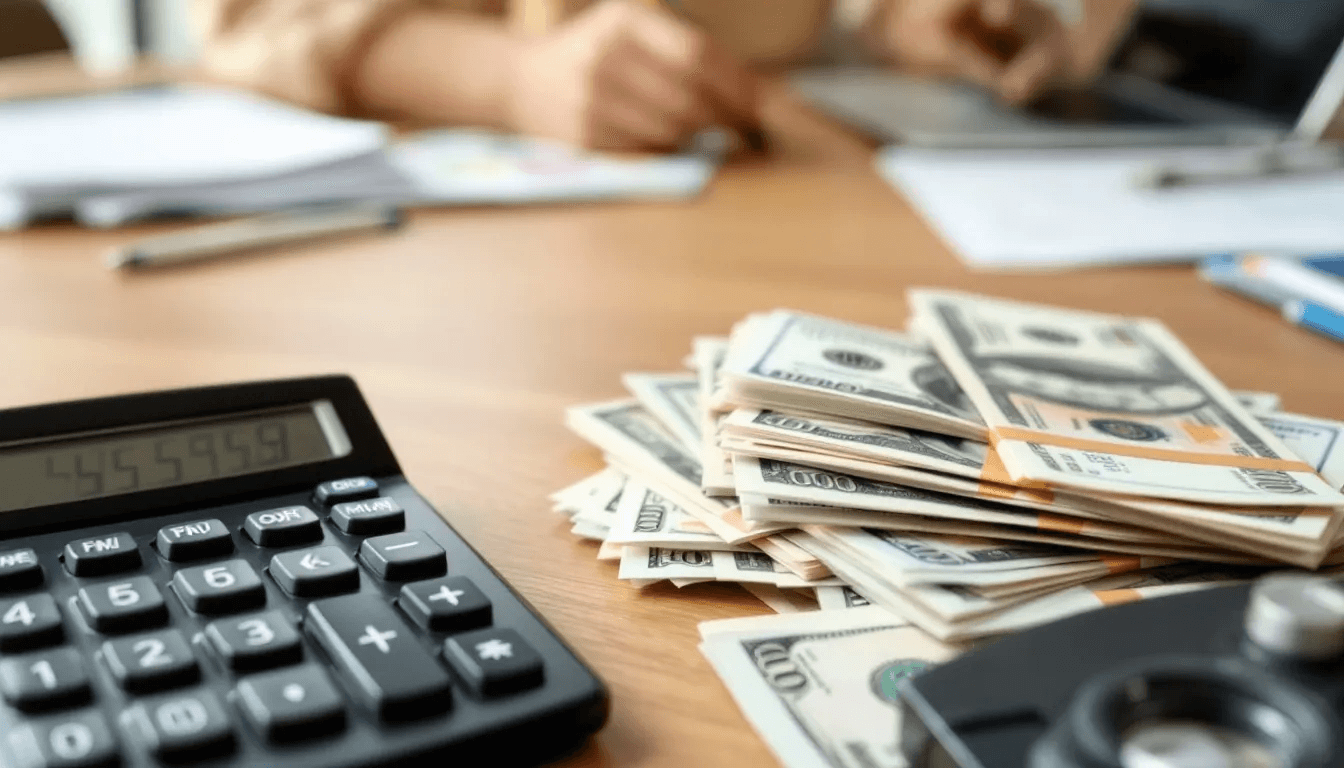 The image depicts a calculator alongside stacks of money, symbolizing the financial planning and costs associated with obtaining a travel agent license. This visual representation highlights the startup costs and financial considerations for those aspiring to establish their own travel business or become independent travel agents.