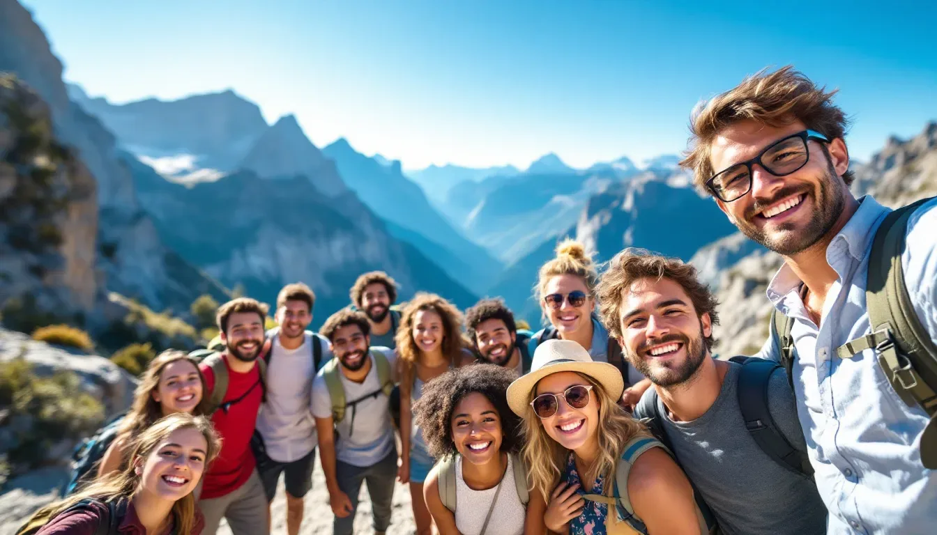 A diverse group of young travelers is joyfully taking a selfie at a scenic overlook, with majestic mountains in the background. This moment captures the spirit of adventure and exploration, highlighting the excitement many travelers feel while planning their trips, whether through travel agents or independent travel advisors.