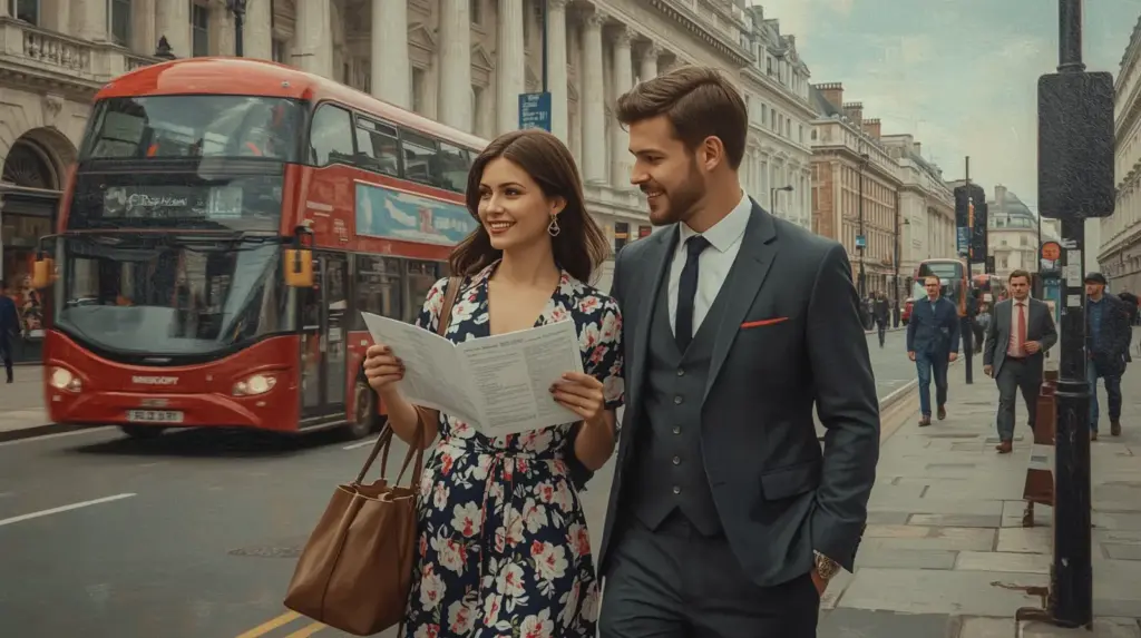 Couple exploring London with map.