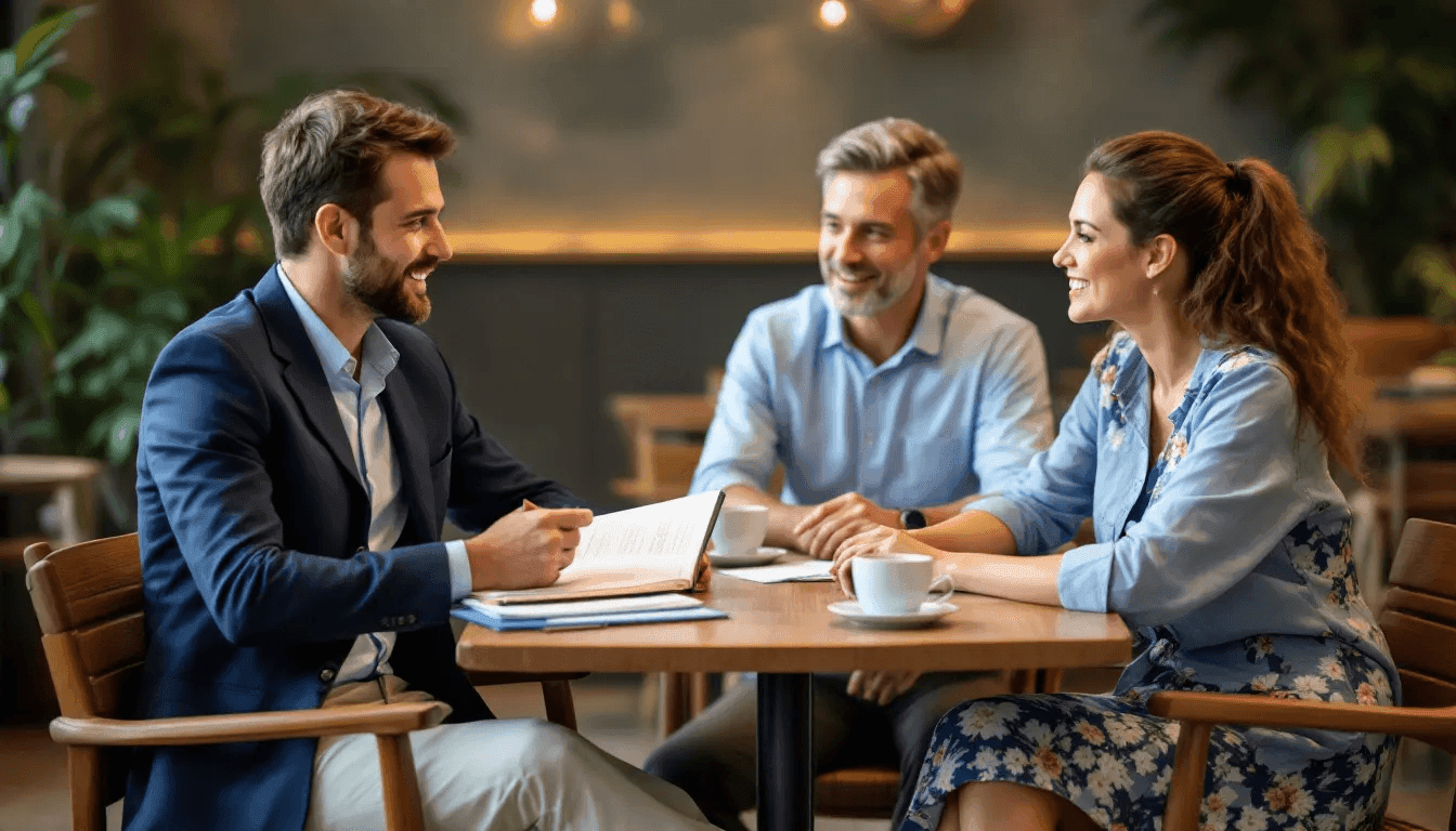 A travel professional is seated with a married couple, discussing their vacation plans and sharing insights about the travel industry. The scene highlights the importance of travel agents in itinerary planning and providing personalized recommendations for successful trips.