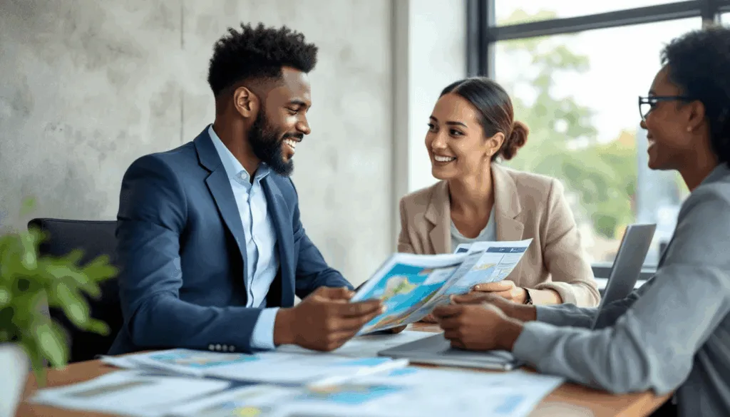Business meeting with documents and discussion.