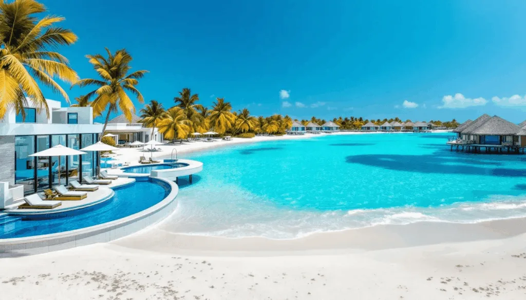 Tropical paradise with luxurious resort.