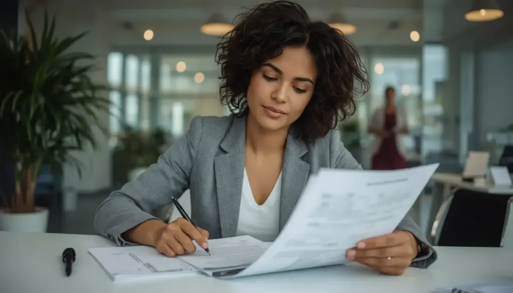 Person completing travel agent license paperwork.